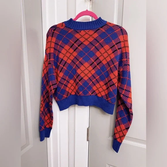 Forever 21 Red & Blue Plaid Cropped Chunky Knit Sweater Size Medium NWOT - Picture 4 of 4